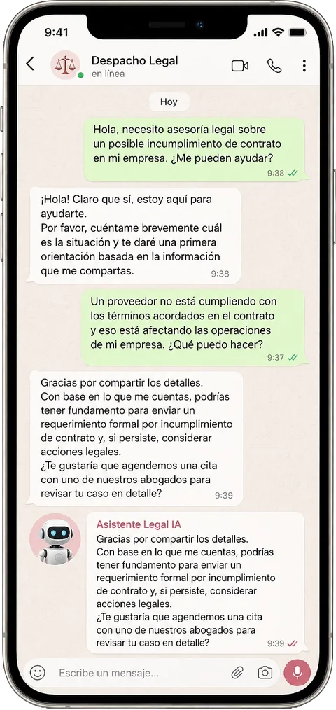 Asistente virtual con IA de un bufete de abogados respondiendo a un cliente por WhatsApp