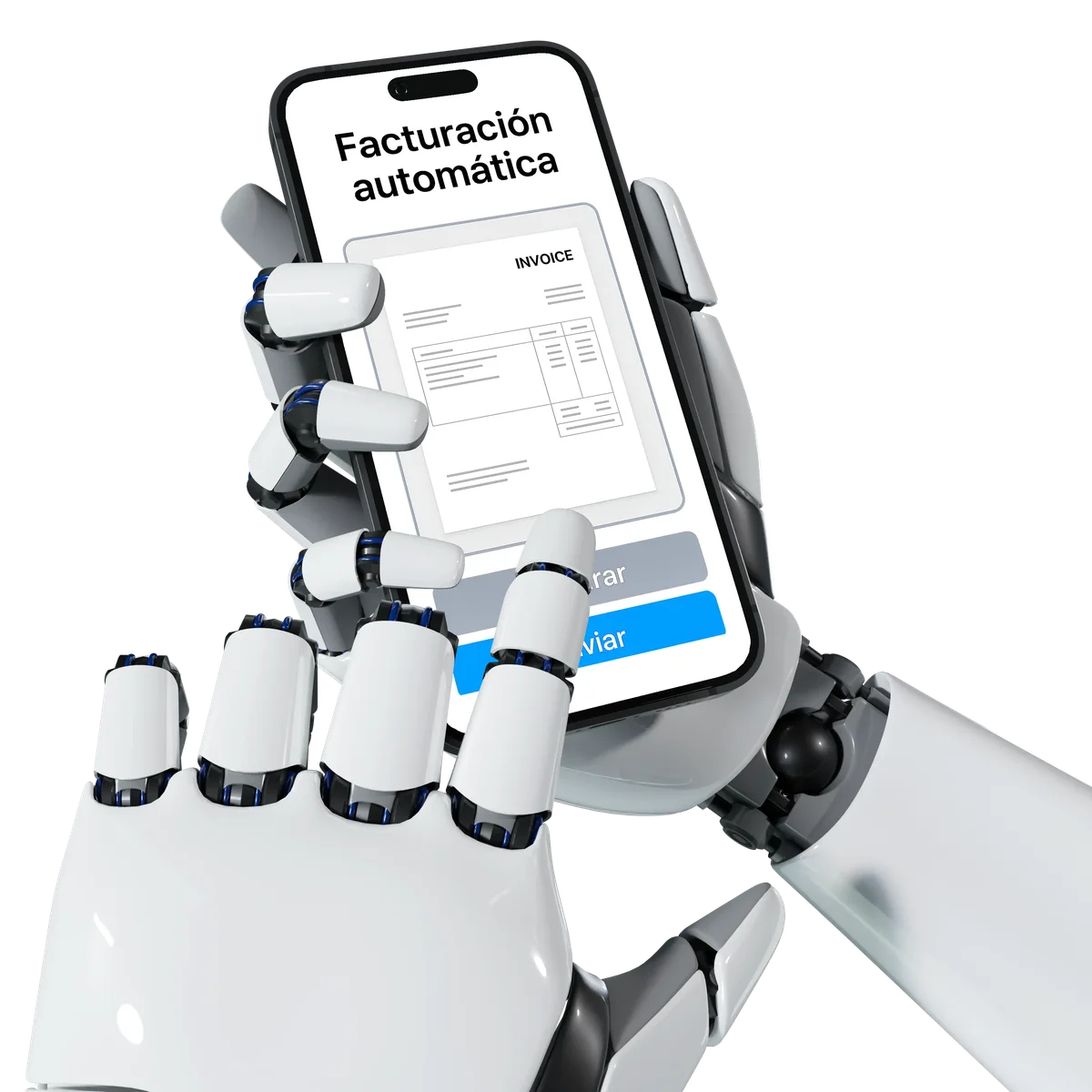 Mano robótica sosteniendo smartphone con factura automática generada por IA