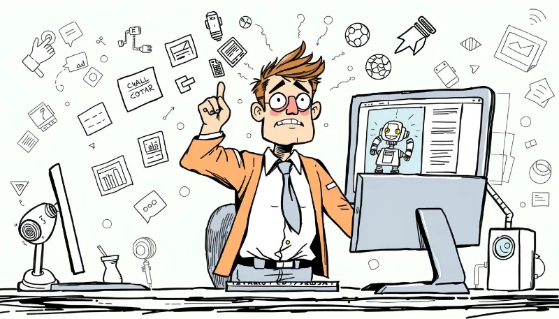 Hombre confundido frente a un ordenador con un chatbot en pantalla, rodeado de iconos digitales y notas sobre inteligencia artificial