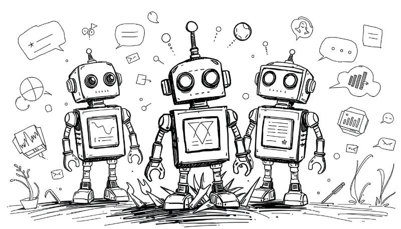 Tres robots con pantallas de datos representando diferentes funciones de un chatbot, rodeados de gráficos e iconos de conversación