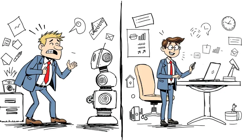 Comparación entre un empresario frustrado sin chatbot y otro eficiente usando uno, destacando el impacto positivo de automatizar