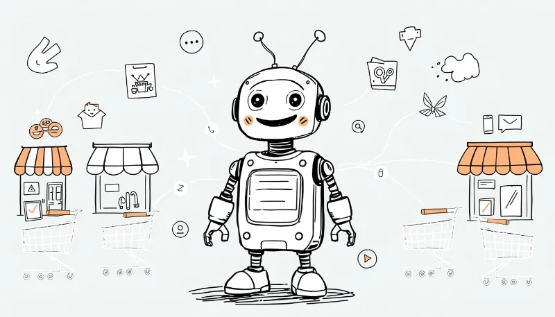 Robot sonriente entre tiendas online, carros de compra e iconos de ecommerce, representando el uso de chatbots en ventas digitales