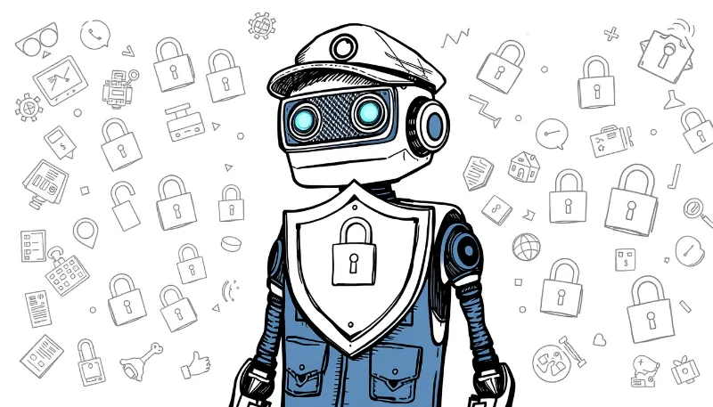 Robot con escudo de seguridad rodeado de candados e iconos digitales, simbolizando la protección de datos en chatbots