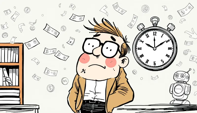 Hombre preocupado por el tiempo y el dinero perdido, con billetes flotando y un reloj gigante detrás, junto a un robot observando