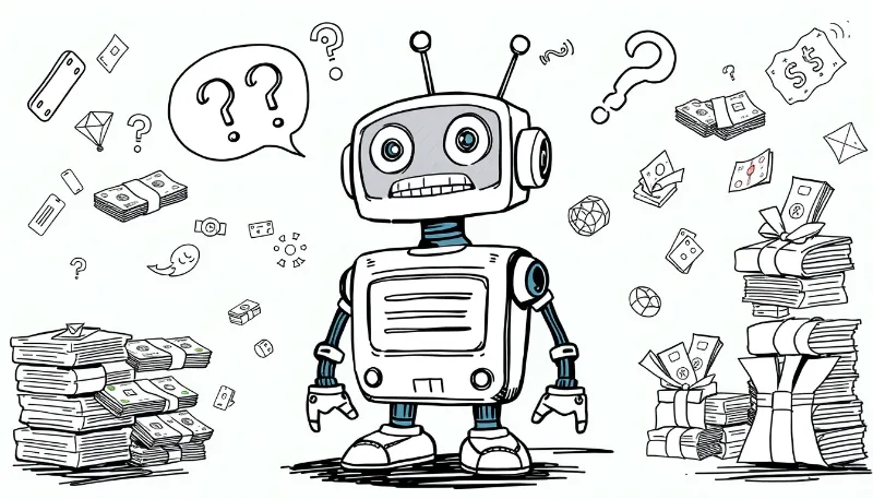 Ilustración de un robot confundido rodeado de iconos de dinero, tecnología y preguntas, representando dudas sobre qué se necesita para crear un chatbot.
