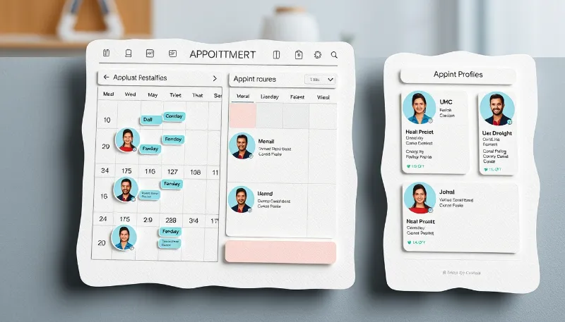 Interfaz de calendario digital con citas médicas y perfiles de profesionales, representando la automatización de agendas clínicas