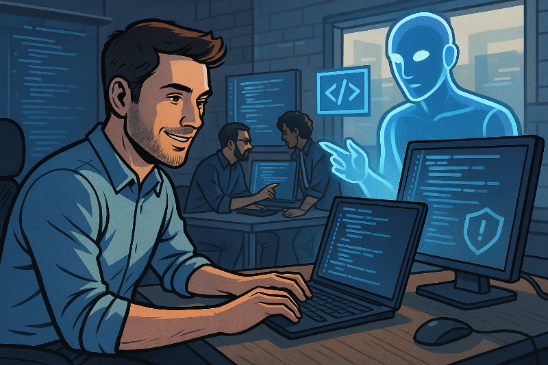 Desarrollador sonriente programando con la asistencia de un agente de inteligencia artificial holográfico, en una oficina moderna con compañeros trabajando al fondo