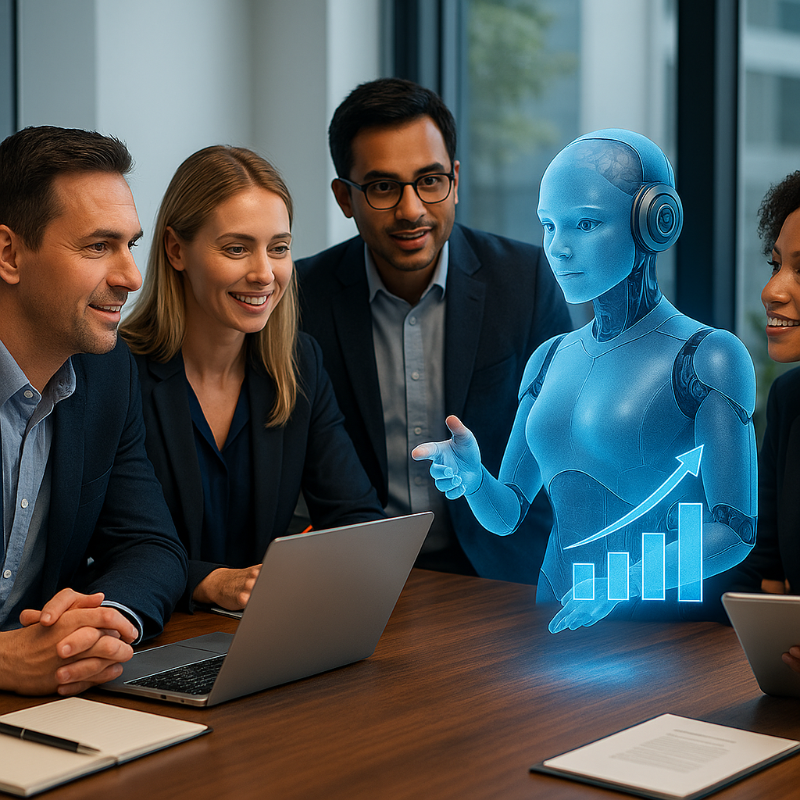 Equipo empresarial trabajando con un asistente de inteligencia artificial que proyecta una gráfica de crecimiento, simbolizando productividad y colaboración eficiente.