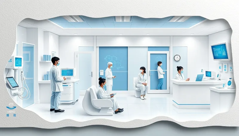 Sala médica moderna con personal y pacientes asistidos por pantallas y tecnología, representando la automatización con IA en clínicas