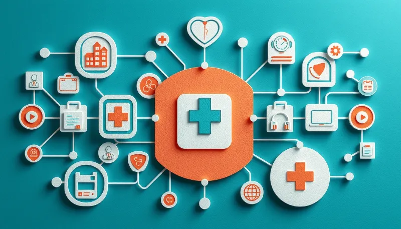 Iconos conectados en red médica digital con cruces sanitarias y dispositivos, simbolizando la automatización de procesos en salud con IA