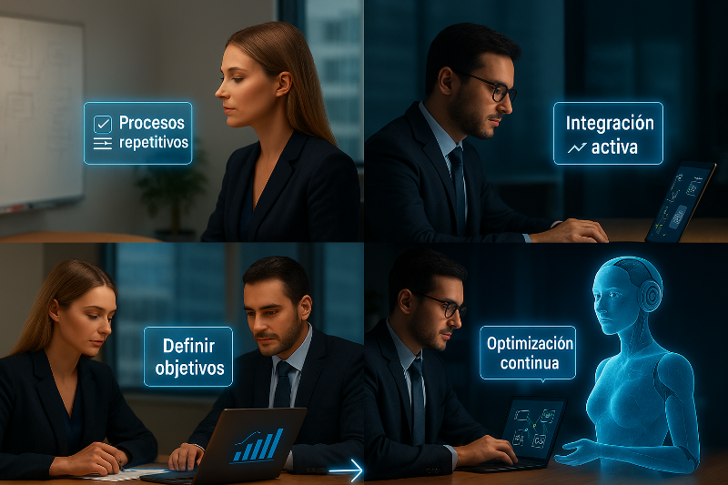 Profesionales trabajando con asistentes virtuales con inteligencia artificial para automatizar procesos repetitivos, definir objetivos y lograr una integración activa con optimización continua.