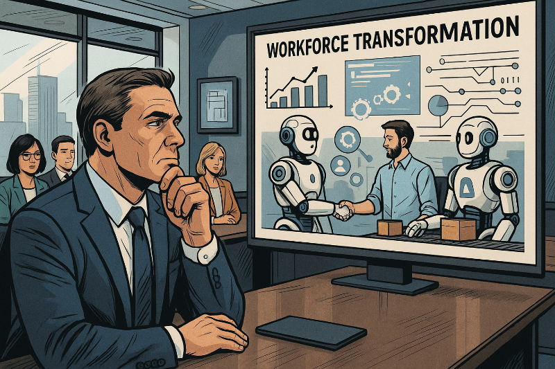 Ejecutivo observa una pantalla con gráficos y robots colaborativos, representando la transformación del trabajo por la IA