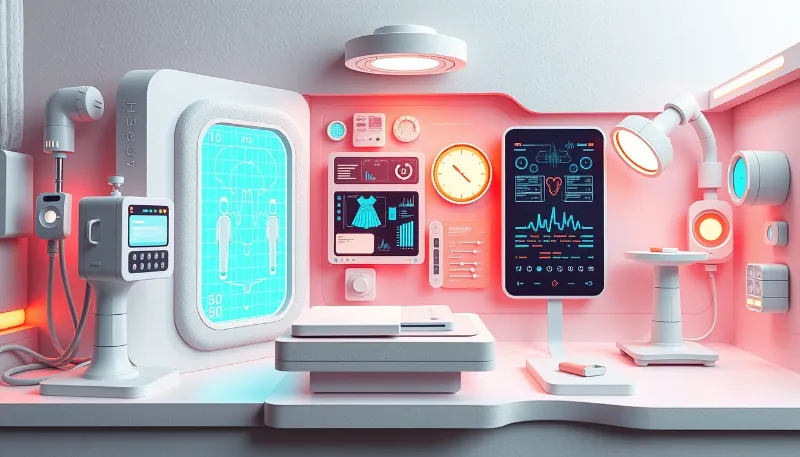 Consultorio médico futurista con paneles inteligentes y tecnología avanzada de análisis automatizado por inteligencia artificial