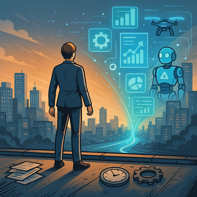 Profesional observa una ciudad futurista con gráficos de IA y automatización en el cielo, simbolizando la transformación del trabajo