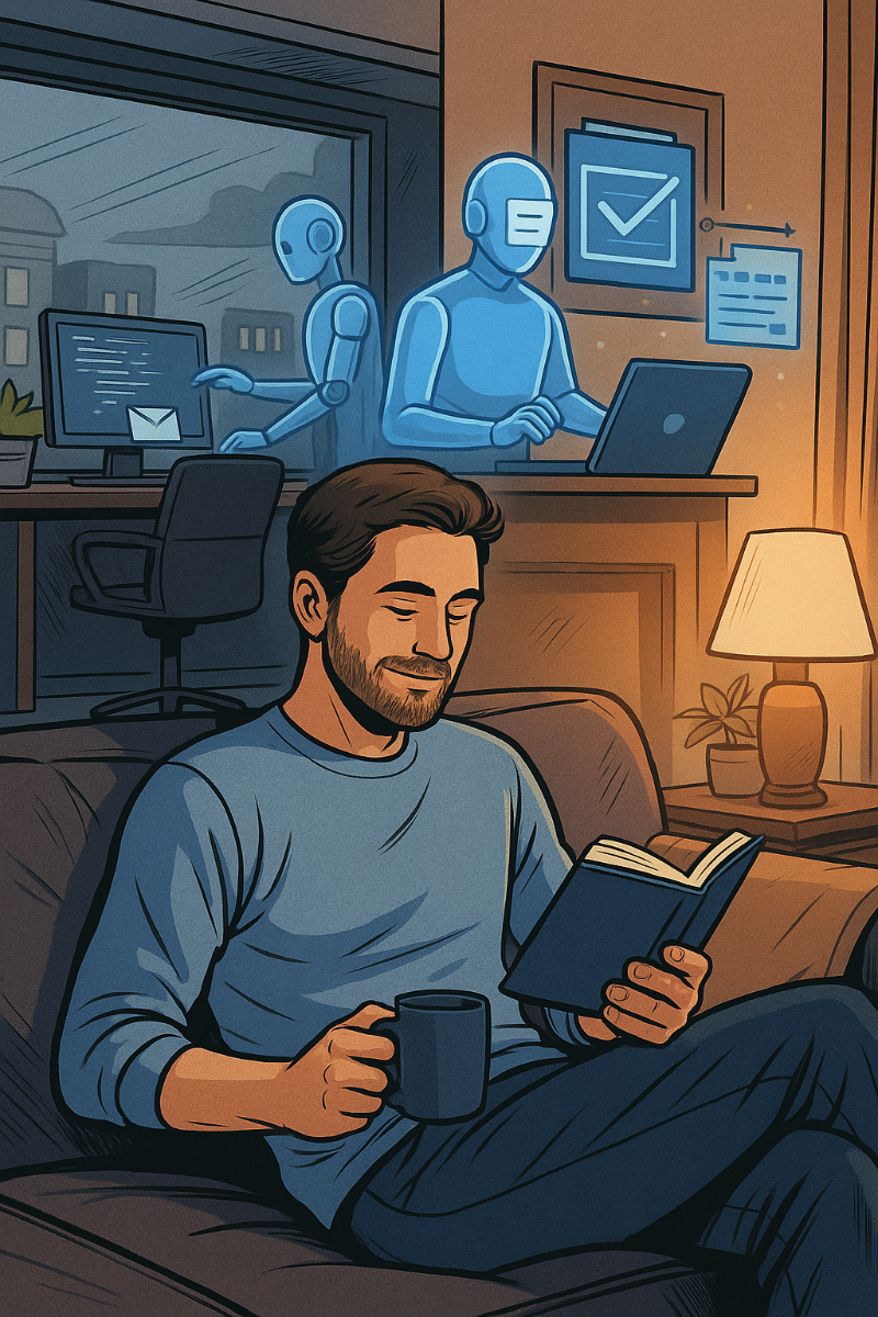 Hombre relajado en casa leyendo con una taza en la mano, mientras agentes de inteligencia artificial gestionan tareas en la oficina detrás de él