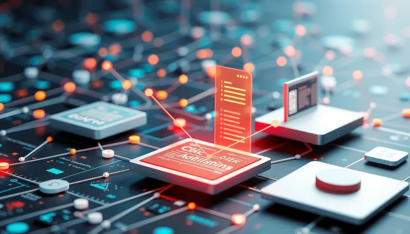 Interfaz digital con conexiones de datos y bloques automatizados que simbolizan la infraestructura de IA en salud