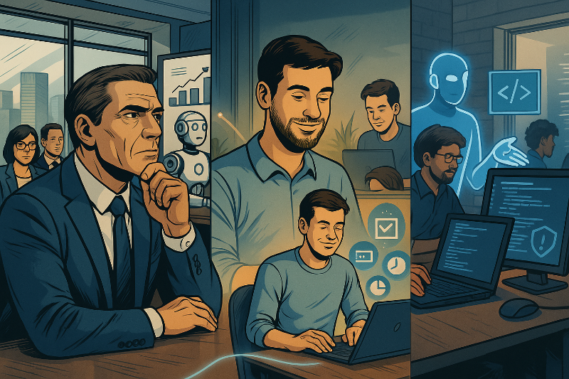 Composición visual con un CEO, empleados y agentes de IA colaborando en distintas áreas de trabajo dentro de una oficina tecnológica moderna