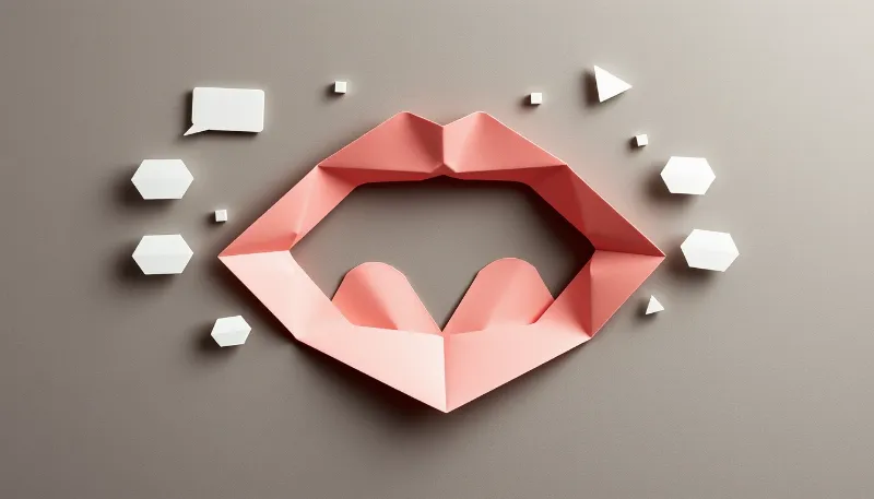 Ilustración de unos labios rosados con formas de diálogo, representando la voz y el lenguaje en asistentes de llamadas con Inteligencia Artificial.