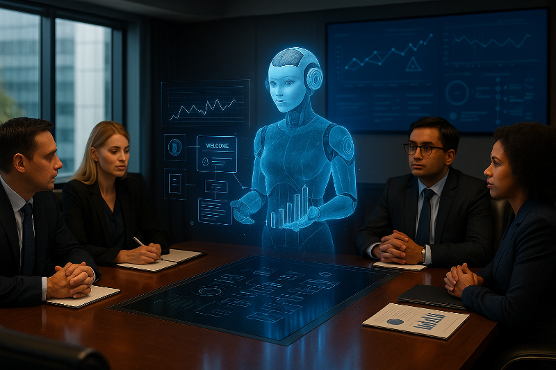 Asistente virtual con inteligencia artificial proyectado en holograma durante una reunión empresarial, optimizando la toma de decisiones.