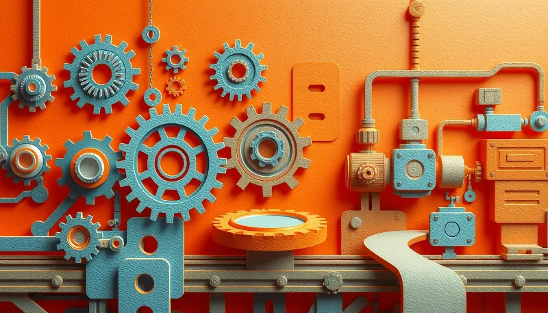 Engranajes mecánicos coloridos, simbolizando la automatización de procesos empresariales mediante consultoría en inteligencia artificial.