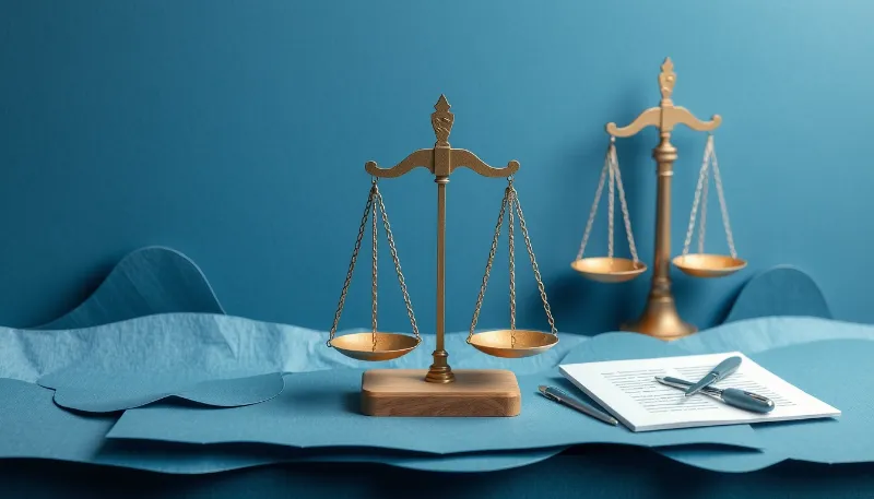 Balanza de justicia y documentos, simbolizando la regulación y responsabilidad en consultoría de inteligencia artificial para empresas.