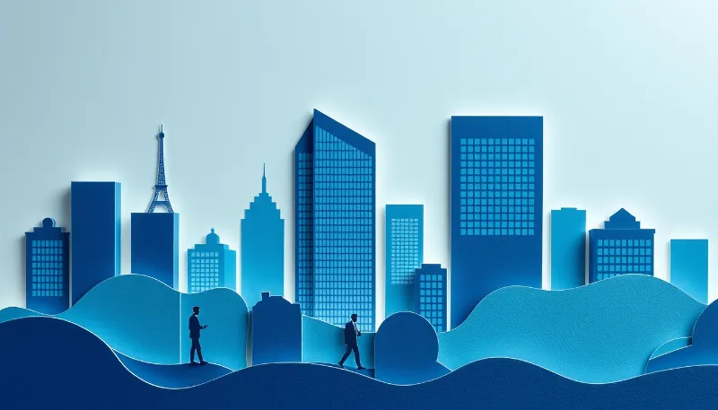 Ciudad moderna en tonos azules, simbolizando la expansión de la consultoría en inteligencia artificial para empresas urbanas y globales.