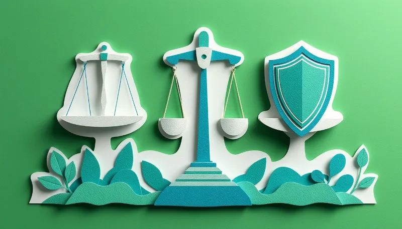 Ilustración de una balanza y escudo en papel, simbolizando la ética y seguridad en la consultoría de inteligencia artificial para empresas.