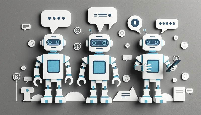 Tres robots con interfaz amigable simulando conversaciones digitales mediante globos de texto.
