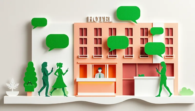 Hotel con personas chateando a través de burbujas de conversación digitales verdes.