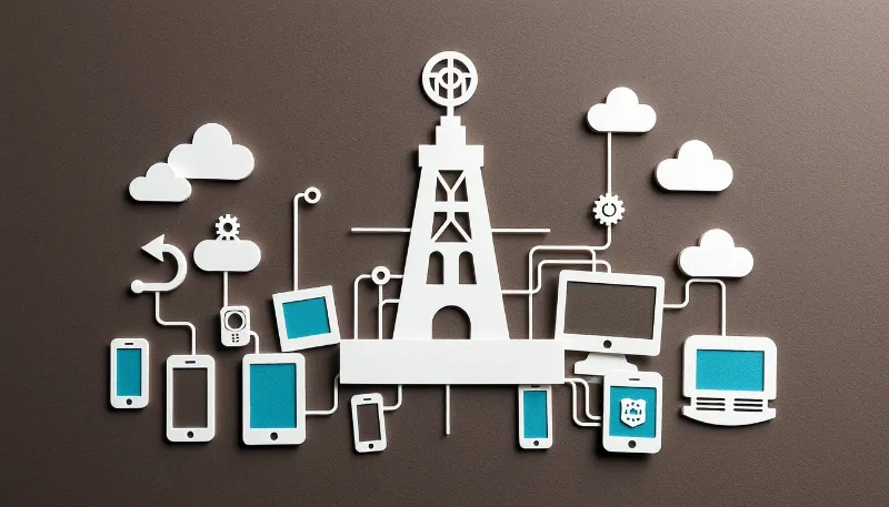 Antena conectada a múltiples dispositivos en la nube, ilustrando redes de comunicación.