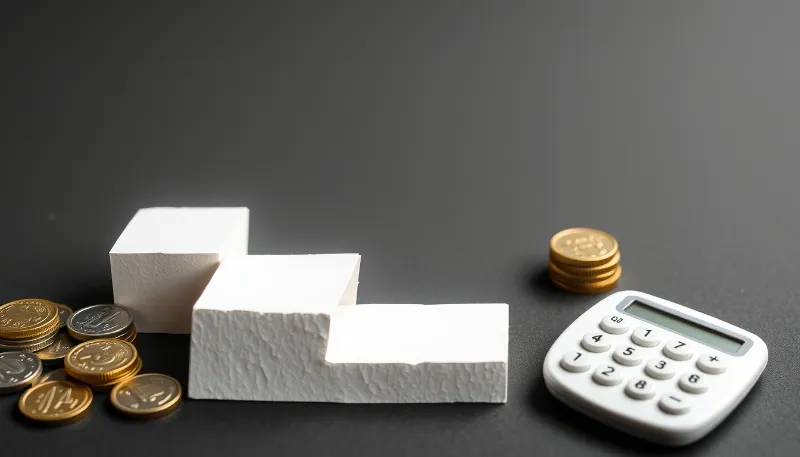 Escalera de bloques blancos con monedas y calculadora, simbolizando crecimiento y rentabilidad.