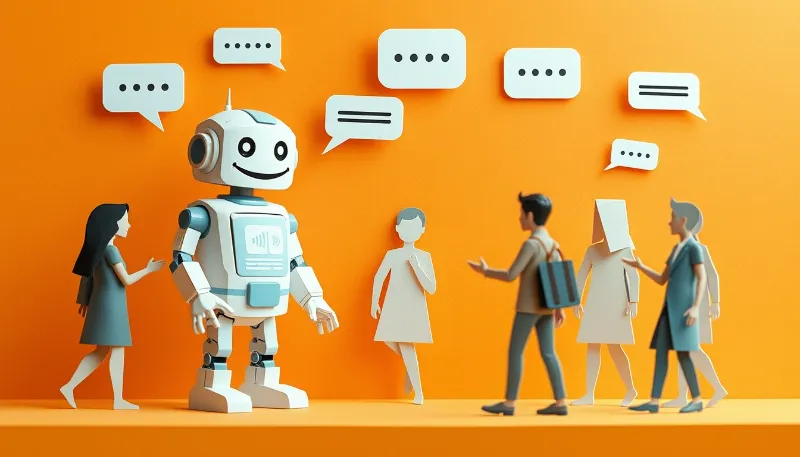 Robot amigable conversando con personas a través de burbujas de chat, sobre fondo naranja.