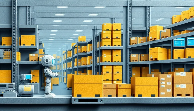 Robot gestionando almacén automatizado con estanterías llenas de paquetes amarillos.