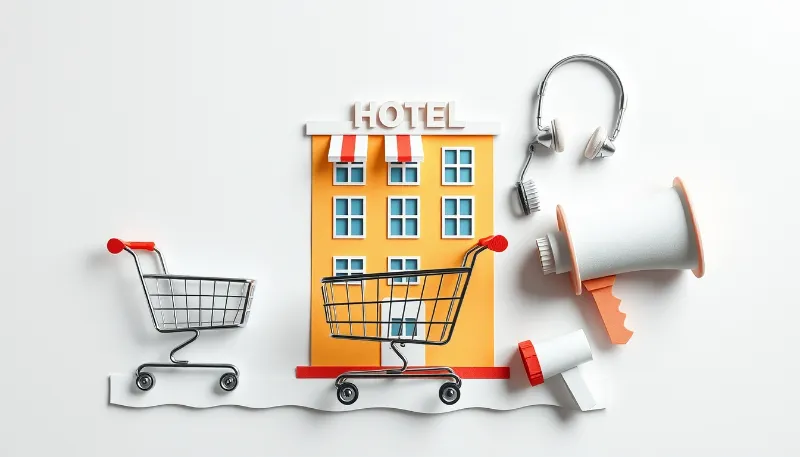Hotel con carritos de compra y elementos de atención al cliente como auriculares y megáfono