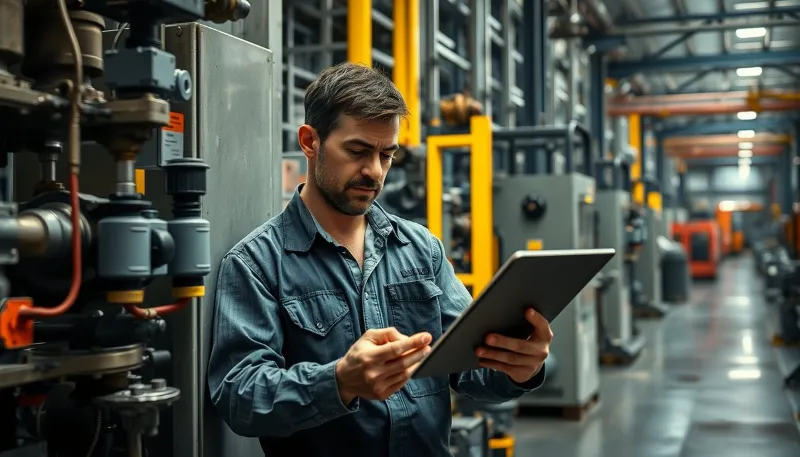 Técnico industrial usando una tablet en planta, representando el uso del checklist de adopción de IA para pymes (2025) en entornos industriales.