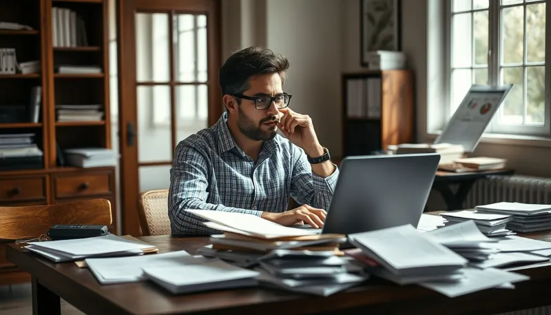 Empresario revisando documentación en su portátil, simbolizando la planificación con un checklist de adopción de IA para pymes en 2025.