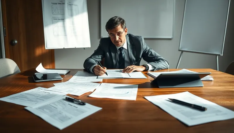 Ejecutivo revisando documentos y gráficos, representando la validación del checklist de adopción de IA para pymes en 2025.