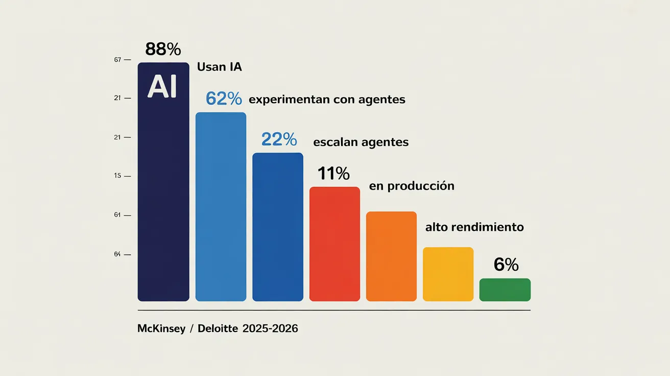 Gráfico de barras mostrando la brecha de adopción de IA agéntica en empresas: del 88% que usa IA al 6% de alto rendimiento según McKinsey 2025