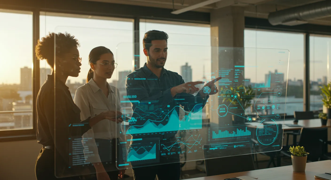 Equipo profesional trabajando con flujos de trabajo agénticos de IA en pantalla interactiva de oficina moderna