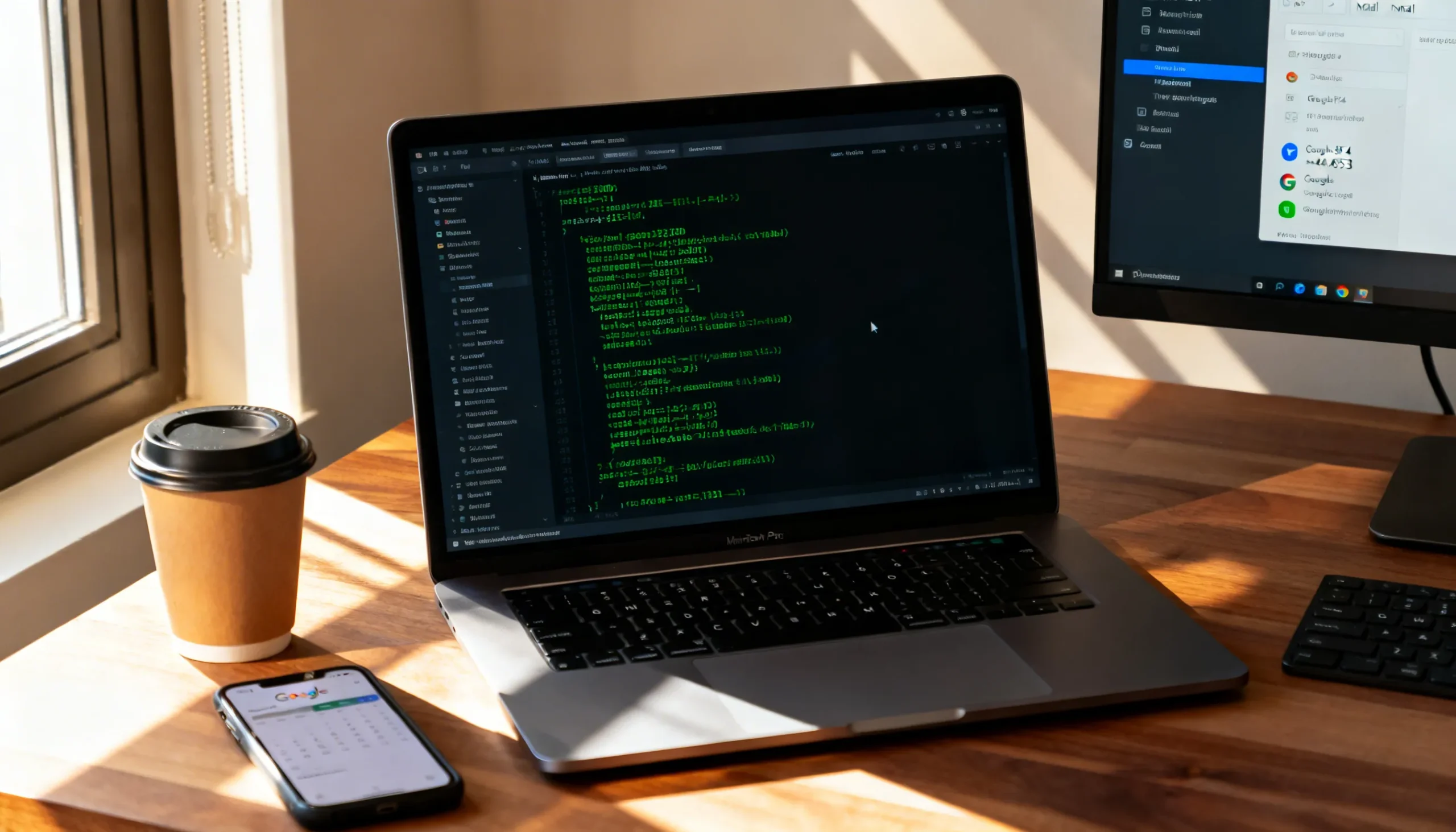 Escritorio de desarrollador con terminal mostrando comandos del CLI de Google Workspace y apps de productividad