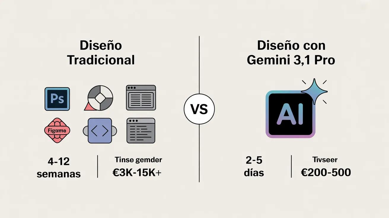 Comparativa visual entre diseño web tradicional (semanas, miles de euros) y diseño con Gemini 3.1 Pro (días, cientos de euros)