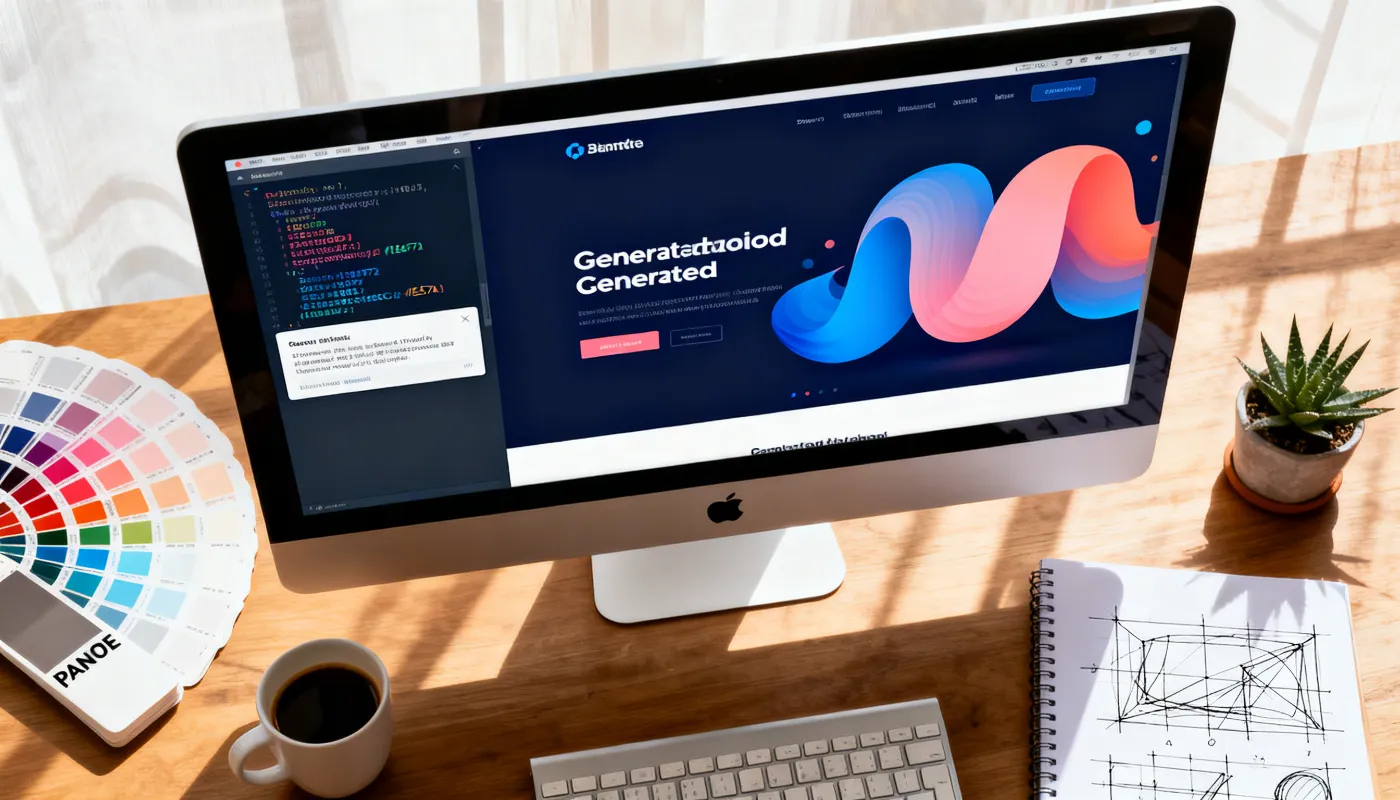 Escritorio de diseñador con pantalla mostrando sitio web generado por Gemini 3.1 Pro desde un prompt de texto