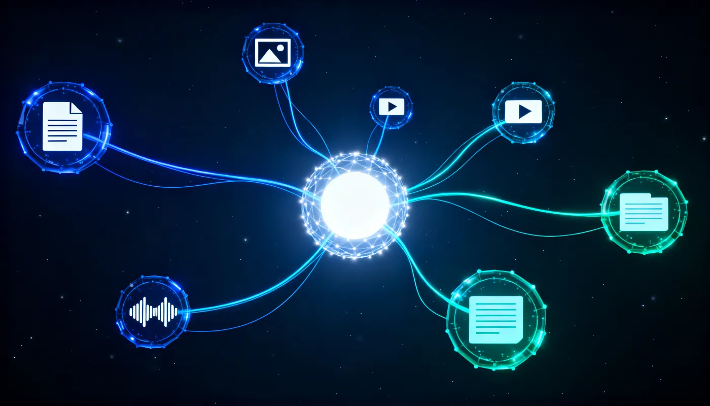 Visualización de espacio vectorial unificado de Gemini Embedding 2 conectando texto, imágenes, vídeo y audio