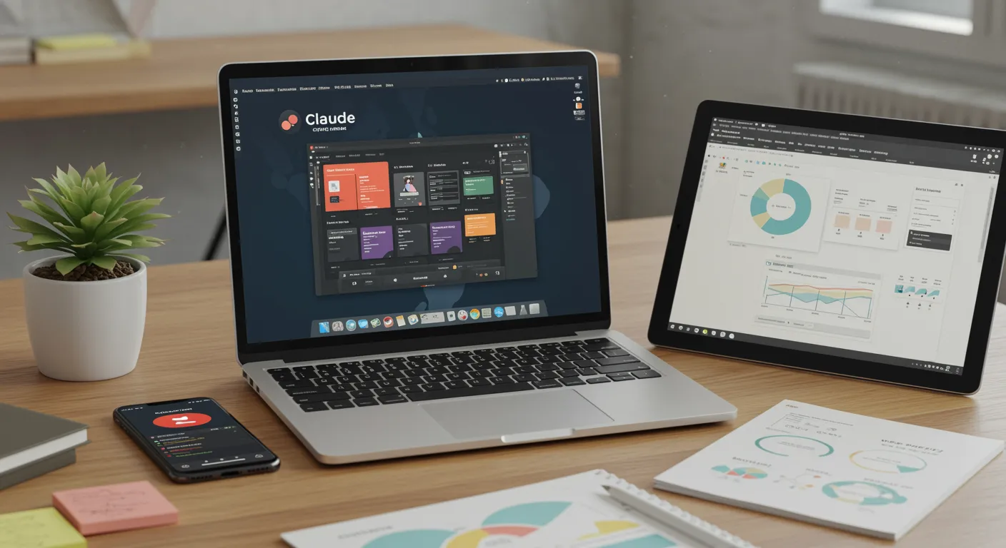 Escritorio profesional con Claude Cowork mostrando plugins de automatización empresarial en múltiples dispositivos